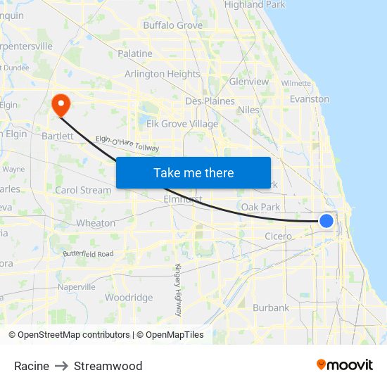 Racine to Streamwood map