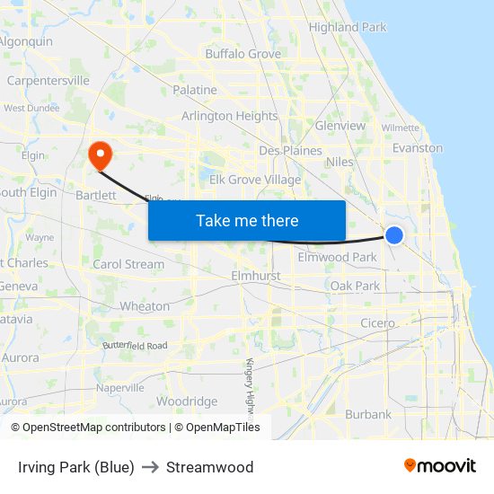 Irving Park (Blue) to Streamwood map