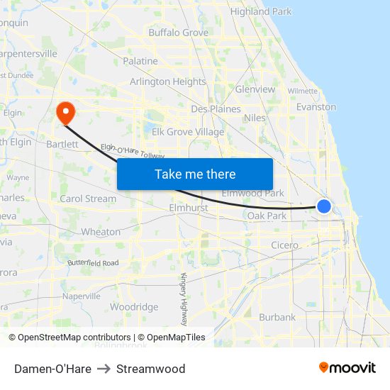 Damen-O'Hare to Streamwood map