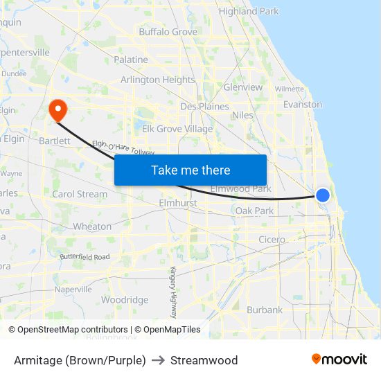Armitage (Brown/Purple) to Streamwood map