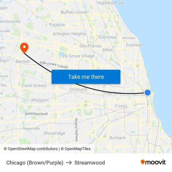 Chicago (Brown/Purple) to Streamwood map