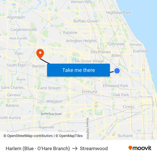 Harlem (Blue - O'Hare Branch) to Streamwood map