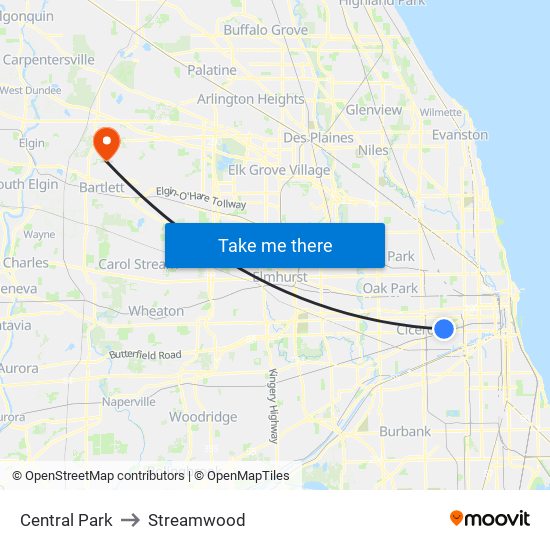 Central Park to Streamwood map