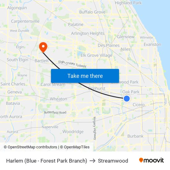 Harlem (Blue - Forest Park Branch) to Streamwood map