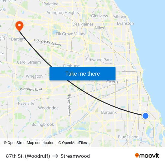 87th St. (Woodruff) to Streamwood map