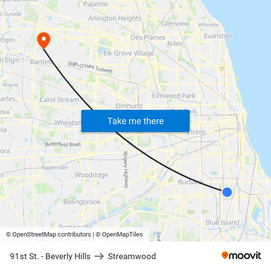 91st St. - Beverly Hills to Streamwood map