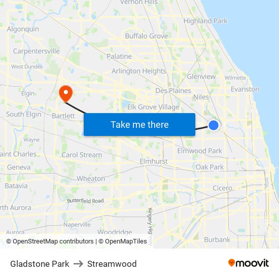 Gladstone Park to Streamwood map