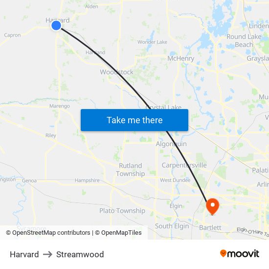 Harvard to Streamwood map