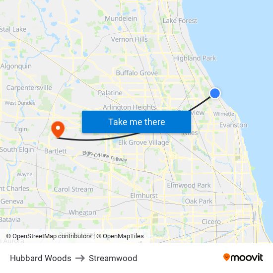 Hubbard Woods to Streamwood map