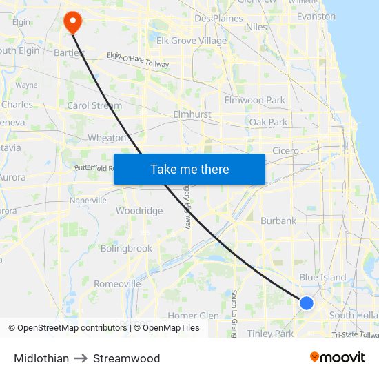 Midlothian to Streamwood map