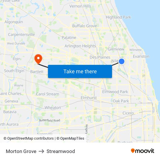 Morton Grove to Streamwood map