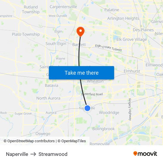 Naperville to Streamwood map