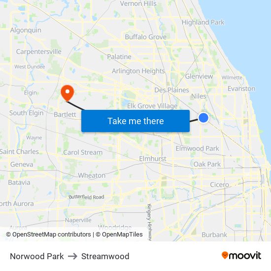 Norwood Park to Streamwood map