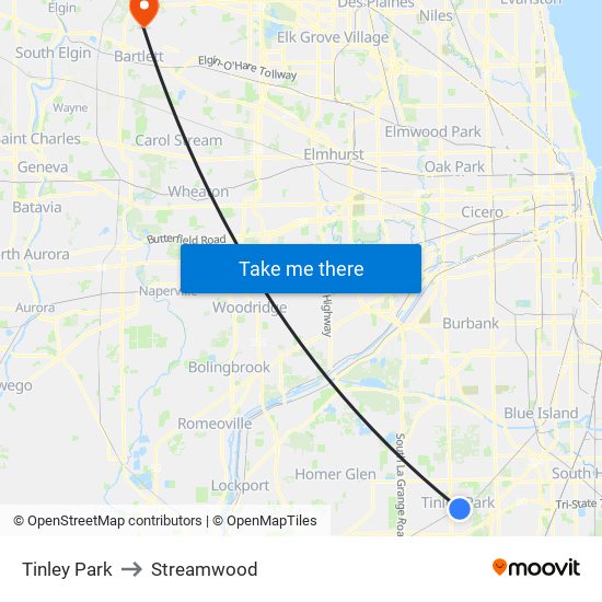 Tinley Park to Streamwood map