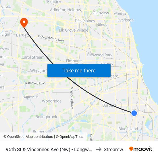 95th St & Vincennes Ave (Nw) - Longwood Metra to Streamwood map