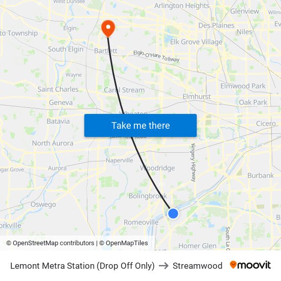 Lemont Metra Station (Drop Off Only) to Streamwood map