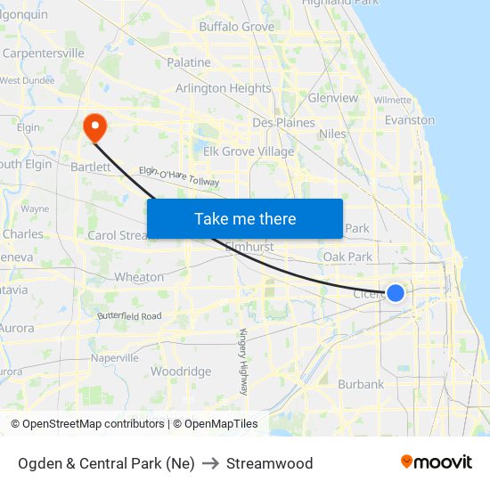 Ogden & Central Park (Ne) to Streamwood map