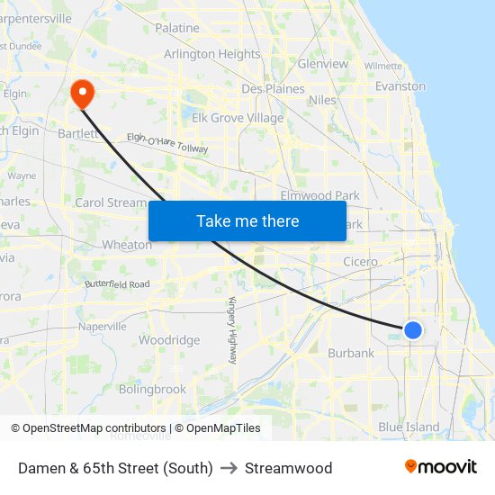 Damen & 65th Street (South) to Streamwood map