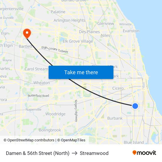 Damen & 56th Street (North) to Streamwood map