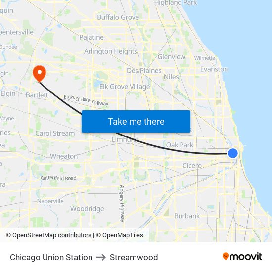 Chicago Union Station to Streamwood map