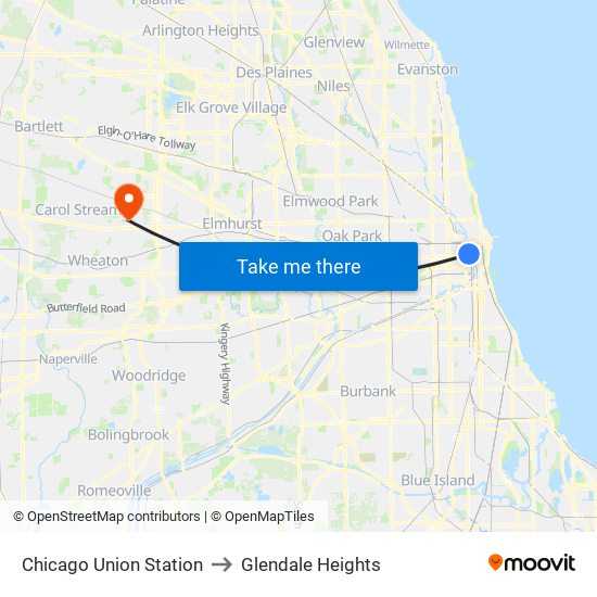 Chicago Union Station to Glendale Heights map