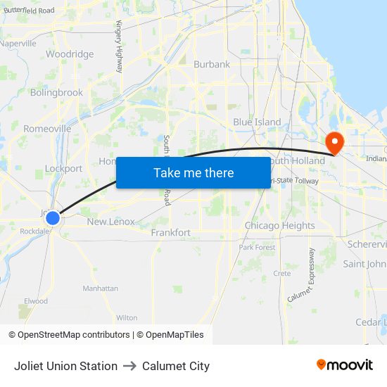 Joliet Union Station to Calumet City map