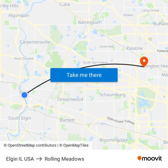 Elgin IL USA to Rolling Meadows map