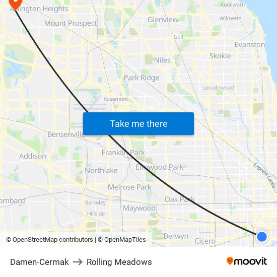 Damen-Cermak to Rolling Meadows map