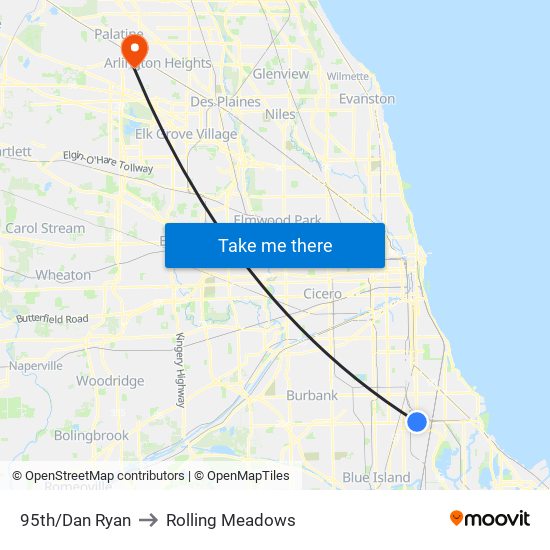 95th/Dan Ryan to Rolling Meadows map