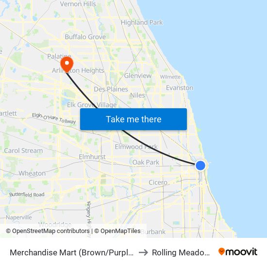 Merchandise Mart (Brown/Purple) to Rolling Meadows map