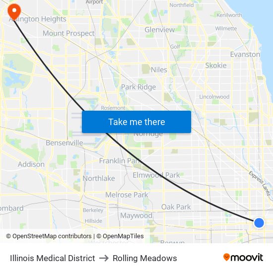 Illinois Medical District to Rolling Meadows map