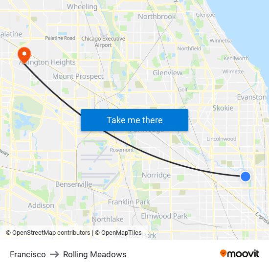 Francisco to Rolling Meadows map