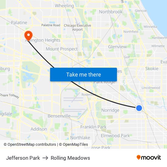Jefferson Park to Rolling Meadows map