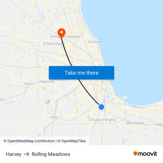 Harvey to Rolling Meadows map