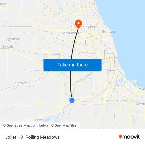 Joliet to Rolling Meadows map