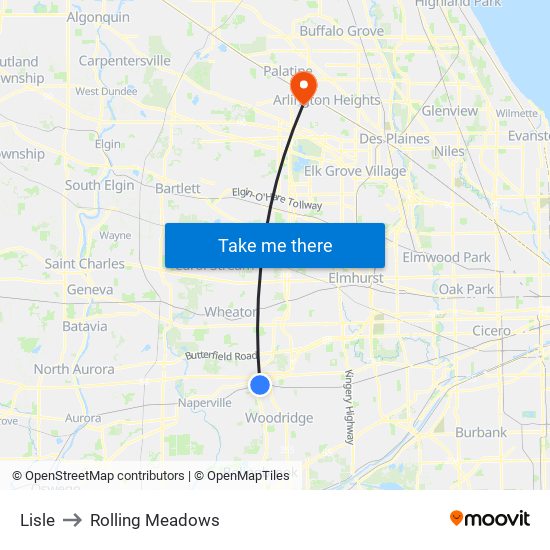 Lisle to Rolling Meadows map