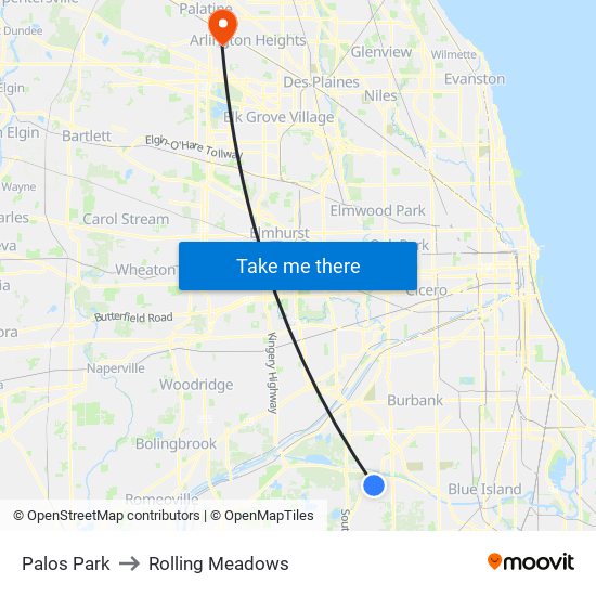 Palos Park to Rolling Meadows map