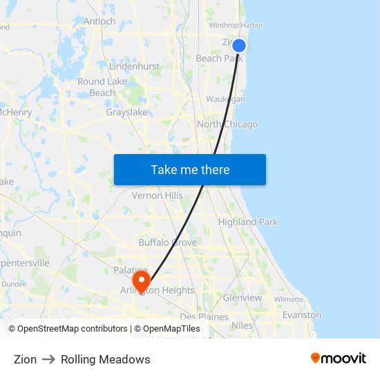 Zion to Rolling Meadows map