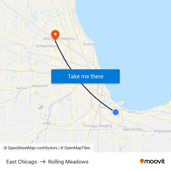 East Chicago to Rolling Meadows map