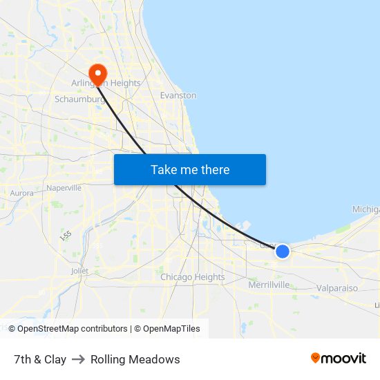 7th & Clay to Rolling Meadows map