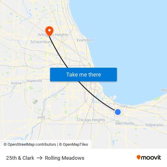 25th & Clark to Rolling Meadows map