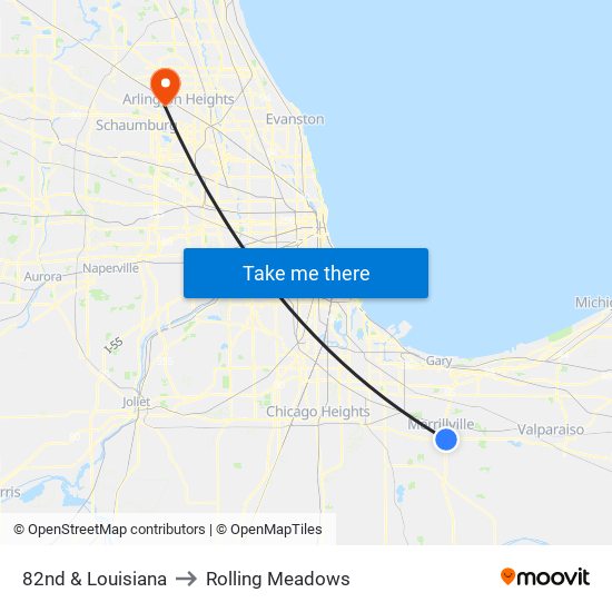 82nd & Louisiana to Rolling Meadows map