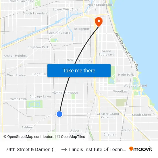 74th Street & Damen (West) to Illinois Institute Of Technology map