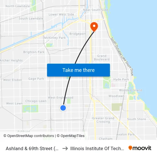 Ashland & 69th Street (North) to Illinois Institute Of Technology map