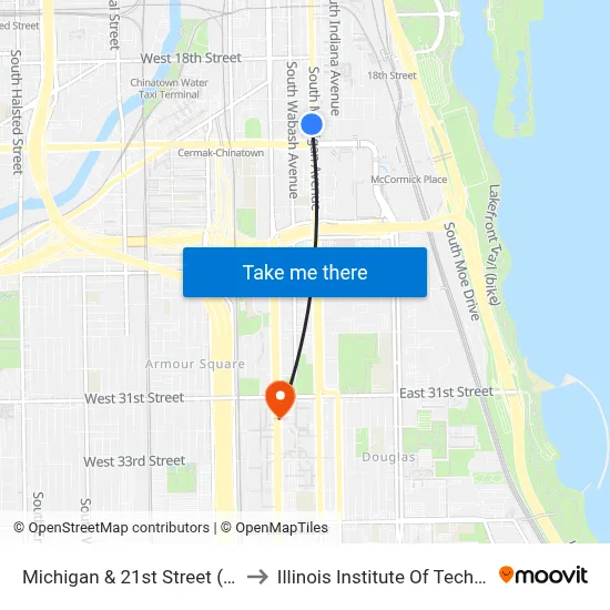 Michigan & 21st Street (South) to Illinois Institute Of Technology map