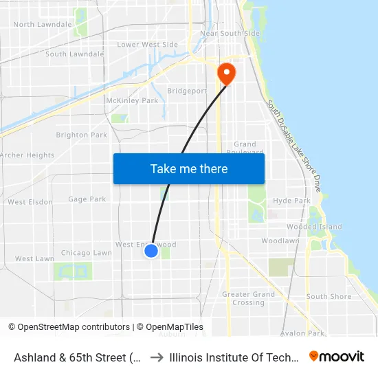 Ashland & 65th Street (North) to Illinois Institute Of Technology map