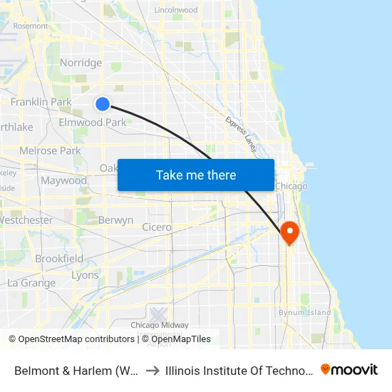 Belmont & Harlem (West) to Illinois Institute Of Technology map