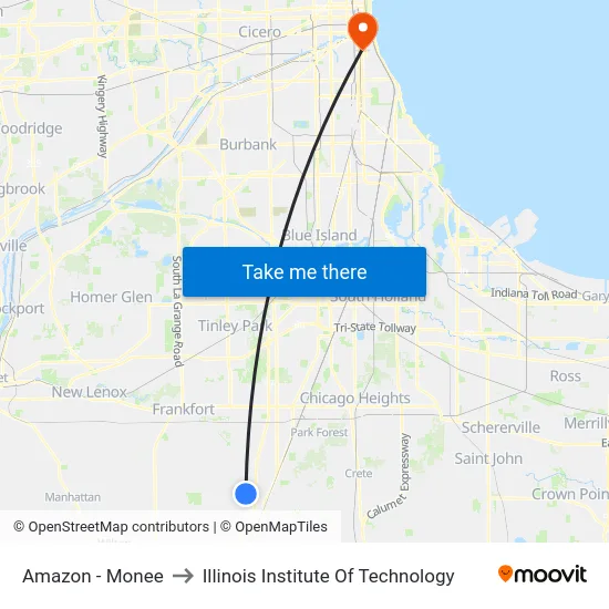 Amazon - Monee to Illinois Institute Of Technology map