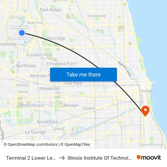 Terminal 2 Lower Level to Illinois Institute Of Technology map