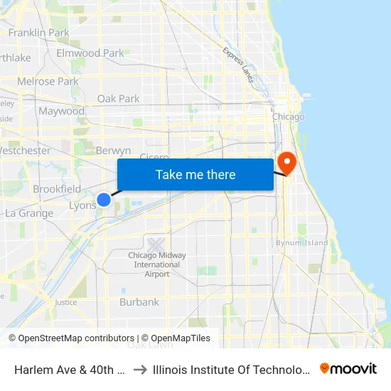 Harlem Ave & 40th St to Illinois Institute Of Technology map